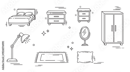 Bedroom furniture and accessory outline set including a bed, storage tables, wardrobe, floor lamp, standing mirror, and rug ideal for interior decoration projects or modern home living