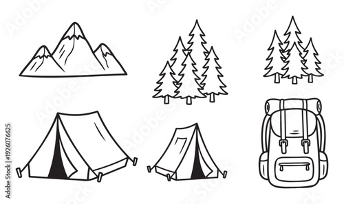 Collection of handdrawn mountains, evergreen trees, camping tents, and a hiking backpack for outdoor adventure themed graphic design and travel related projects