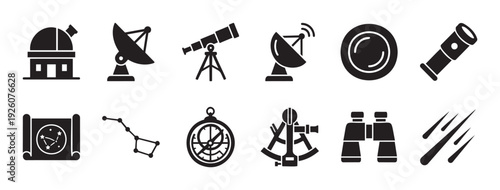 Astronomy and navigation black icons depicting celestial observation tools, navigational instruments, and space phenomena, perfect for science learning resources and digital interface