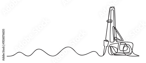 Minimalist one line art depicting an oil derrick and a wavy line representing energy flow or excavation, perfect for educational materials and corporate branding.