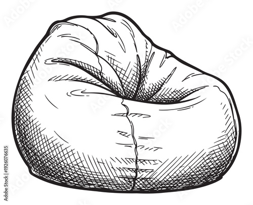 Hand drawn sketch of a comfortable bean bag chair in black and white, ideal for depicting casual home interiors, modern lounge areas, and cozy seating arrangements.