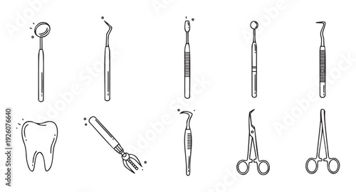 Professional dental instruments and a healthy tooth outline for dentistry and oral hygiene education or medical practice branding, useful for healthcare websites and clinic brochures