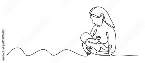 Continuous line drawing of a mother tenderly breastfeeding her baby, symbolizing maternal love and bonding, suitable for healthcare resources and familyoriented publications.