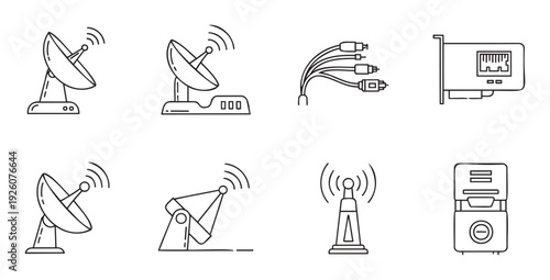 Line art icons of communication and network hardware including satellite dishes, data cables, network cards, internet modems, and antennas for technology based digital projects and