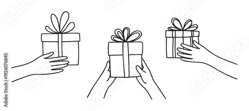 Outline drawing of multiple hands presenting wrapped gift boxes with decorative ribbons, suitable for conveying messages of giving, happiness, and surprise across various digital and print