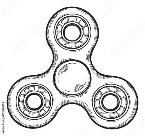A captivating monochrome etching of a modern threearmed fidget spinner gadget provides a versatile visual resource perfect for educational projects, product marketing, or youth culture