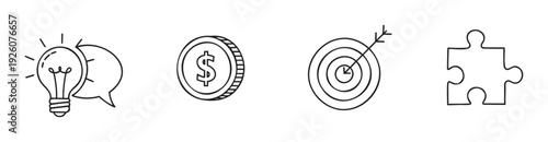 Outline vector icons illustrating fundamental business concepts of innovation, finance, goal setting, and problemsolving, perfect for corporate presentations, educational content, and web