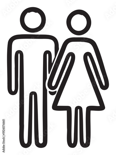 Iconic black outline symbols of a male and female person representing gender, family, or bathroom signs suitable for universal public information and demographic studies