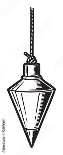 Classic plumb bob depicting a geometric lead weight hanging from a twisted cord, used by builders and architects for establishing true perpendicular lines and leveling surfaces.