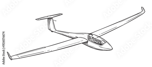 Dynamic line drawing of a sleek glider aircraft soaring through the sky, perfect for aviation publications, educational materials, and transportationthemed graphic projects.