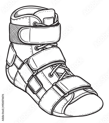 Black and white line drawing of a medical orthopedic ankle support boot used for injury recovery and rehabilitation, ideal for healthcare advertisements and physical therapy resources.