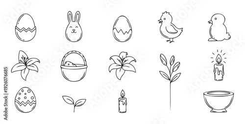 A collection of simple black line icons depicting Easter eggs, bunny, chicks, lilies, basket, and candles, perfect for springtime holiday celebrations and graphic design projects