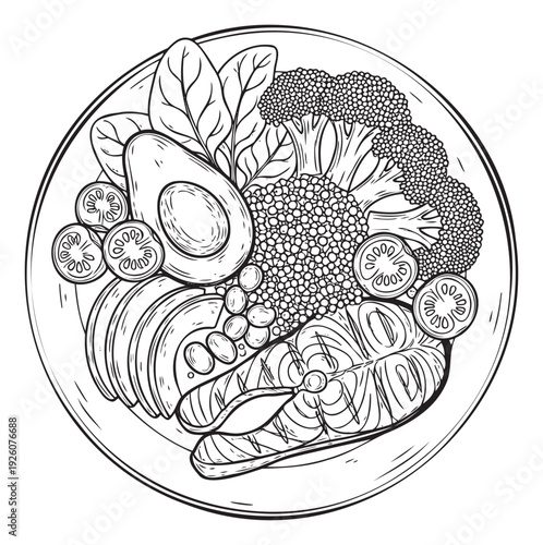 Nutritious salmon avocado broccoli spinach lentils tomato meal in a bowl line drawing illustrating healthy eating for diet plans or wellness publications