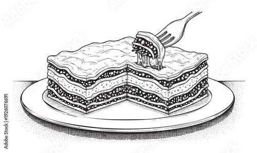 Appetizing layered lasagna, a savory Italian meal with meat and cheese, presented on a round plate with a fork lifting a bite, ideal for foodrelated publications and menus.