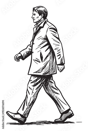 A determined man wearing a coat and trousers walks with purpose in a dynamic side profile view, suitable for various business, lifestyle, and movementrelated projects.