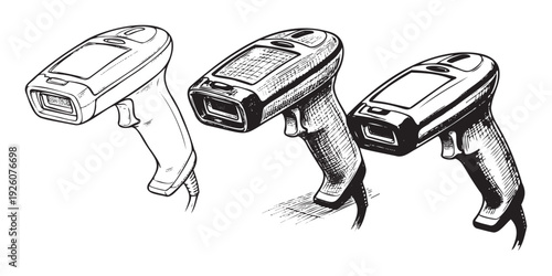 Collection of handdrawn barcode scanner devices depicted in various sketching styles for use in commerce technology, retail operations, inventory tracking, and digital marketing materials