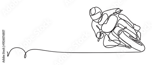 Dynamic continuous line drawing of a motorcyclist racer leaning into a sharp turn for sports events promotion and transportation theme graphics
