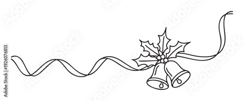 Elegant outline of jingle bells and winter holly sprigs connected by a decorative wavy ribbon ideal for event invitations and festive border graphics