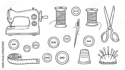 Essential sewing and tailoring tools including a vintage sewing machine, spools of thread, buttons, scissors, thimble, measuring tape, and pin cushion for handicraft and textile work.