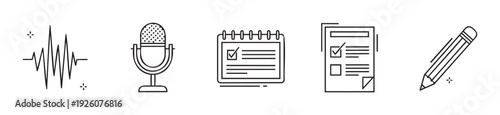 Versatile outline icons depicting sound wave, vintage microphone, calendar, document checklist, and pencil for illustrating concepts of audio recording, content creation, task management,