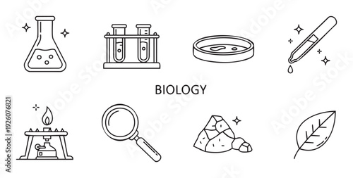 Biology and science themed line icons set showcasing essential laboratory equipment for educational resources and scientific research applications
