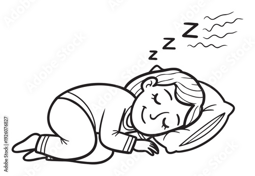 Line drawing of a peaceful person sleeping soundly on a pillow in pajamas, indicating rest and dreams, perfect for wellness, relaxation, or bedtime routine materials.