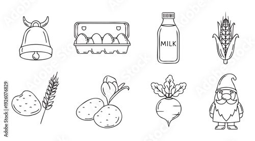Set of minimalist outline farm and garden icons depicting fresh produce, dairy, grains, and traditional country items, suitable for agricultural education and rural lifestyle graphics.