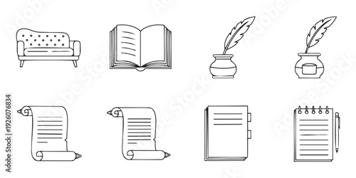 Line icons of reading and writing essentials sofa, open book, quill, inkwell, scroll, and notebook, great for educational, literary, and office themed graphic applications.
