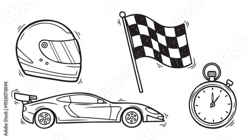 A collection of hand drawn racing competition elements including a protective driver helmet, a waving checkered flag, a fast sports car, and a precision stopwatch, perfect for event