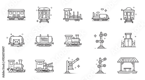 Collection of simple line icons representing various railway transport vehicles, train engines, passenger carriages, freight wagons, railway signals, and station elements for transportation