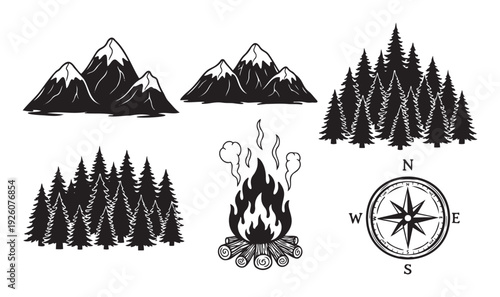 Outdoor adventure graphic collection showcasing majestic mountain ranges, dense pine forests, a warm campfire, and a precise navigational compass rose for merchandise and branding projects.
