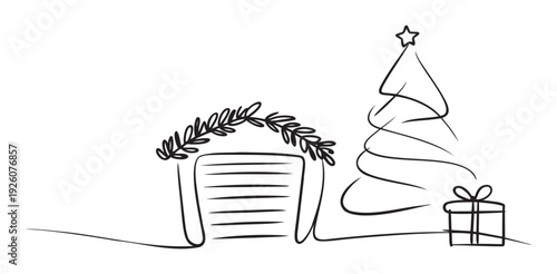 Minimalist continuous line depiction of a Christmas stable, a festive tree with a star, and a holiday gift box, ideal for seasonal greetings, winter celebrations, and event invitations.