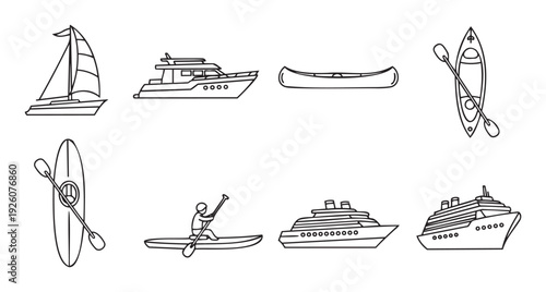 Outline drawings of various boats and ships such as sailing vessels, luxury yachts, canoes, kayaks, and passenger cruise liners for travel and water activity advertisements.