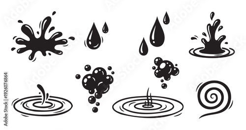 Collection of stylized dark liquid elements including expressive ink splatters, flowing drops, and swirling ripples, ideal for graphic novel accents or digital animation resources.