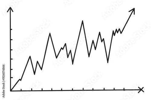 Hand drawn graph showing a fluctuating upward trend on an X and Y axis, perfect for business presentations, financial reports, or educational materials illustrating progress.