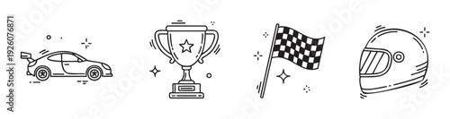 Collection of racing competition graphics including a fast sports car, shiny champion trophy, classic checkered flag, and durable driver helmet, perfect for sport event promotions and