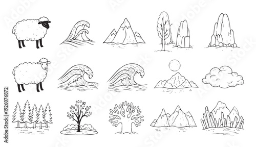 Collection of hand drawn nature and farm animals line art elements perfect for rustic adventure graphics and simple environmental design projects