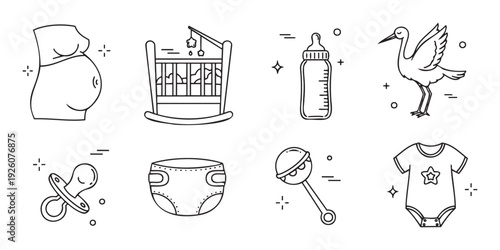 Essential pregnancy and newborn baby care line icons including pregnant mother, crib, feeding bottle, stork, pacifier, diaper, rattle, and bodysuit, perfect for parenting resources and