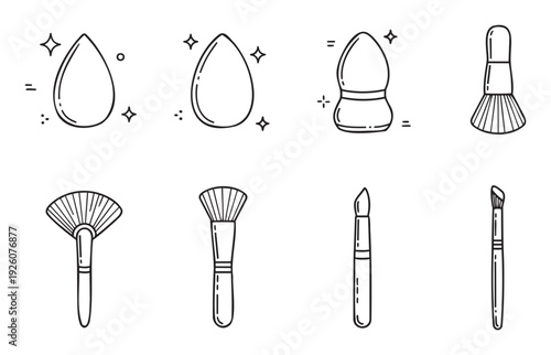 Essential makeup application tools outline icons including various brushes and blending sponges for cosmetic industry projects and digital content creation
