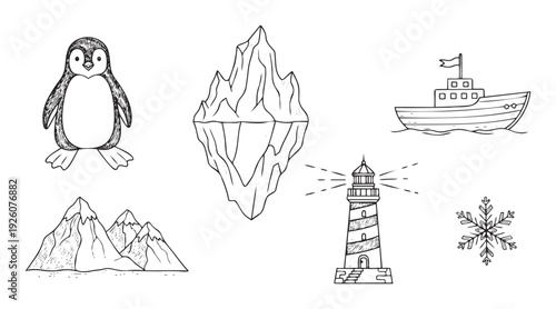 Line art style drawings depicting polar region elements like a waddling penguin, floating iceberg, towering mountains, sailing ship, guiding lighthouse, and a delicate snowflake for