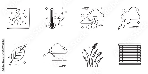 A collection of various outline icons depicting weather conditions environmental concerns agriculture and home elements useful for meteorological reports ecological studies or climate