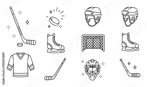 A collection of hand drawn outline ice hockey equipment and sports gear icons perfect for graphic resources web elements print materials and educational content