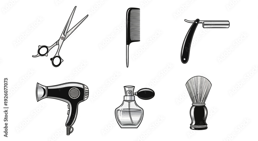 Fototapeta premium Six black and white grooming tools arranged in two rows