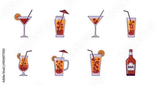 Eight isolated vector graphics of various cocktails and a liquor bottle