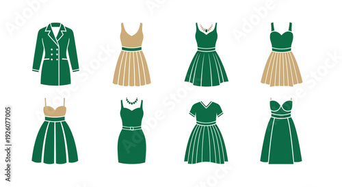 Eight stylized icons of womens clothing in green and beige