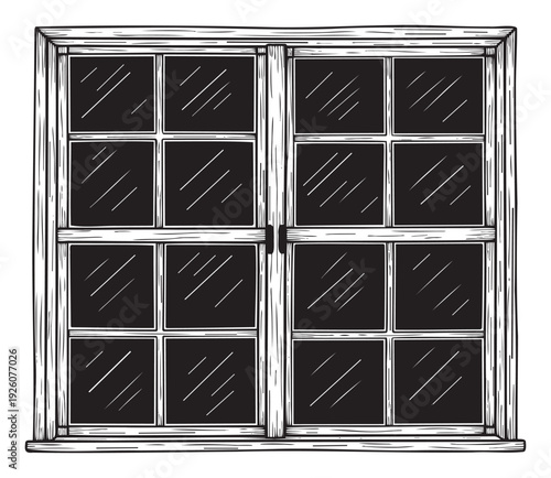 Traditional multi pane window with closed wooden frame and glass reflections providing a classic architectural element for home renovation projects or historical building decor