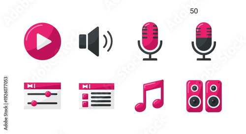 Pink and black audio icons arranged in two rows on a white background