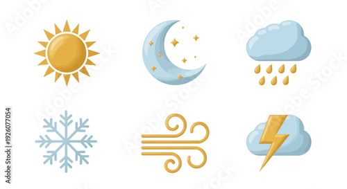 Six 3D weather icons arranged in two rows on a white background
