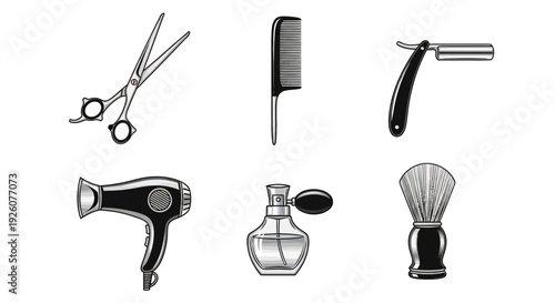 Six black and white grooming tools arranged in two rows