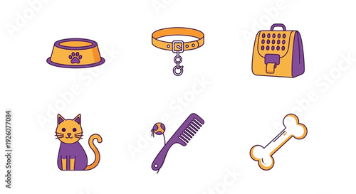 Six colorful icons related to pets bowl collar carrier cat comb and bone